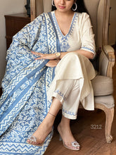 Women's Off-White Embroidered Cotton Kurta Pant Set with Blue Printed Dupatta (3-Piece Set)