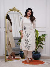 Women's Ivory Cotton Kurta Set with Floral Motif Design
