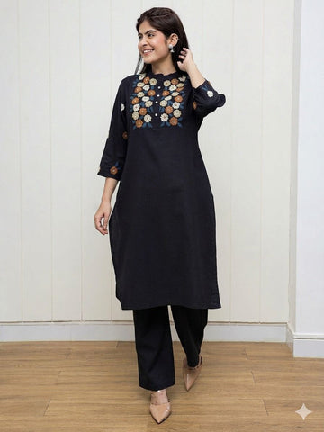 Classic Black Floral Embroidered Kurta Pant Set