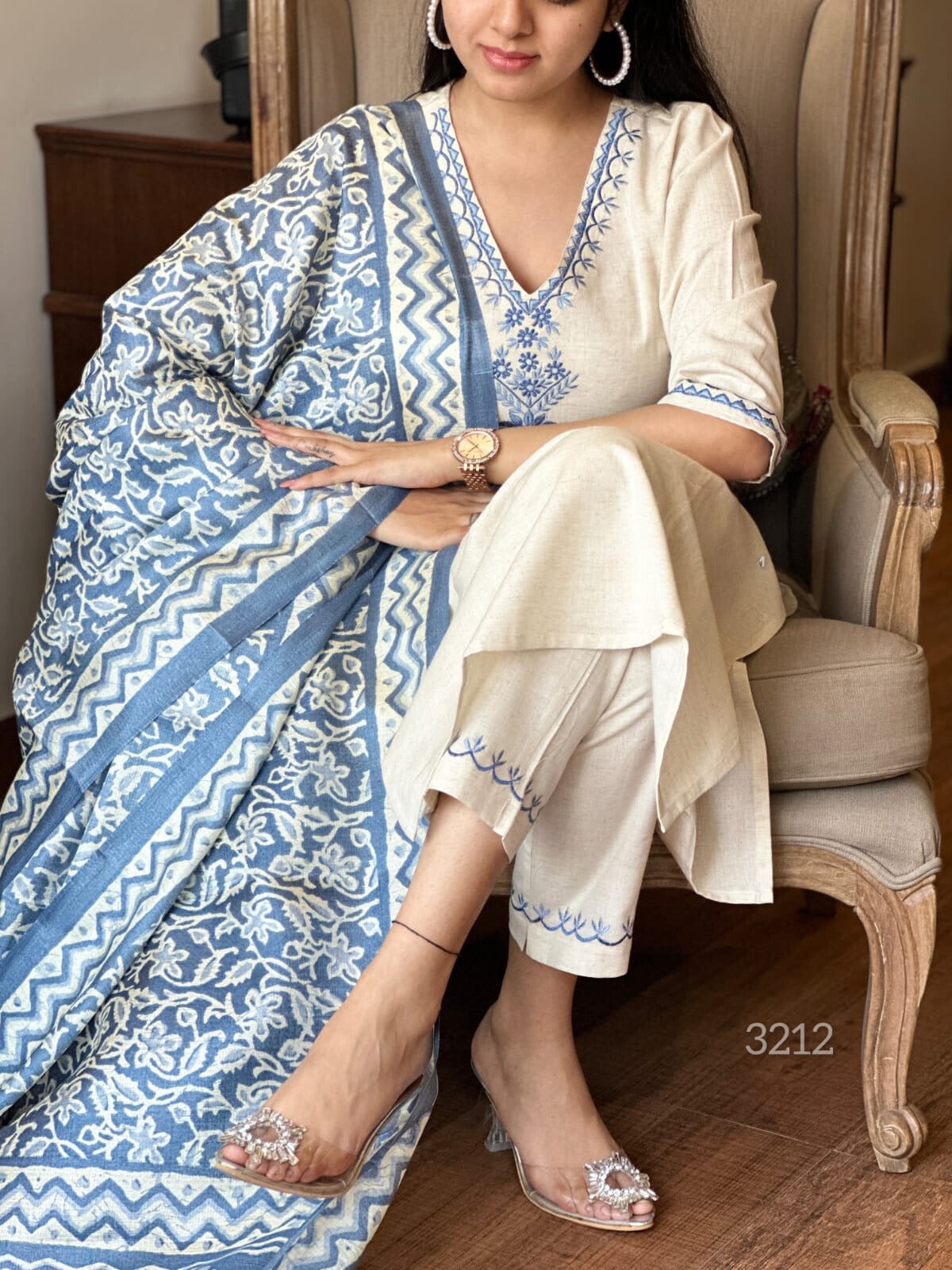 Women's Off-White Embroidered Cotton Kurta Pant Set with Blue Printed Dupatta (3-Piece Set)
