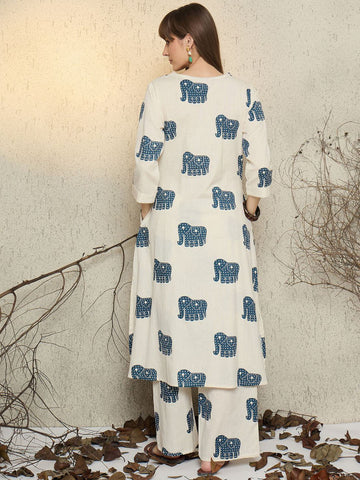 Elegant Ivory Elephant Print Cotton Kurta Pant Set for Women | V-Neck Ethnic Co-ord Set