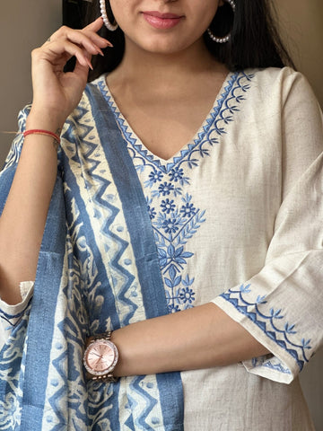 Women's Off-White Embroidered Cotton Kurta Pant Set with Blue Printed Dupatta (3-Piece Set)