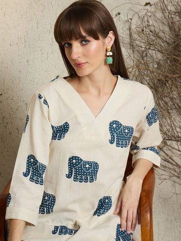 Elegant Ivory Elephant Print Cotton Kurta Pant Set for Women | V-Neck Ethnic Co-ord Set