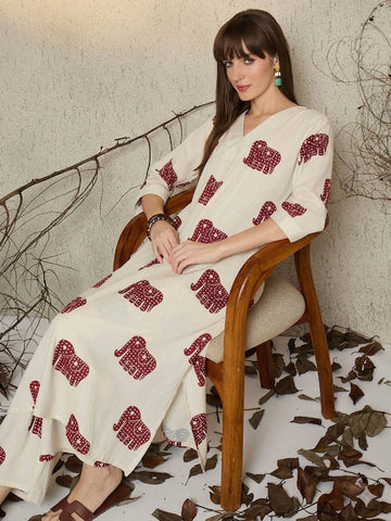 Elegant Elephant Print Kurta Pant Co-Ord Set for Women