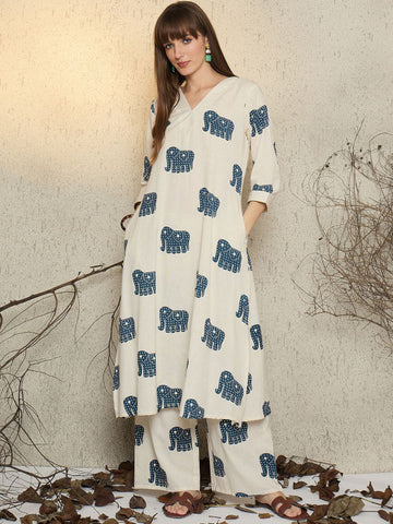 Elegant Ivory Elephant Print Cotton Kurta Pant Set for Women | V-Neck Ethnic Co-ord Set