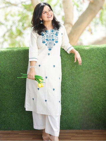 Off-White & Blue Embroidered Kurta Pant Set