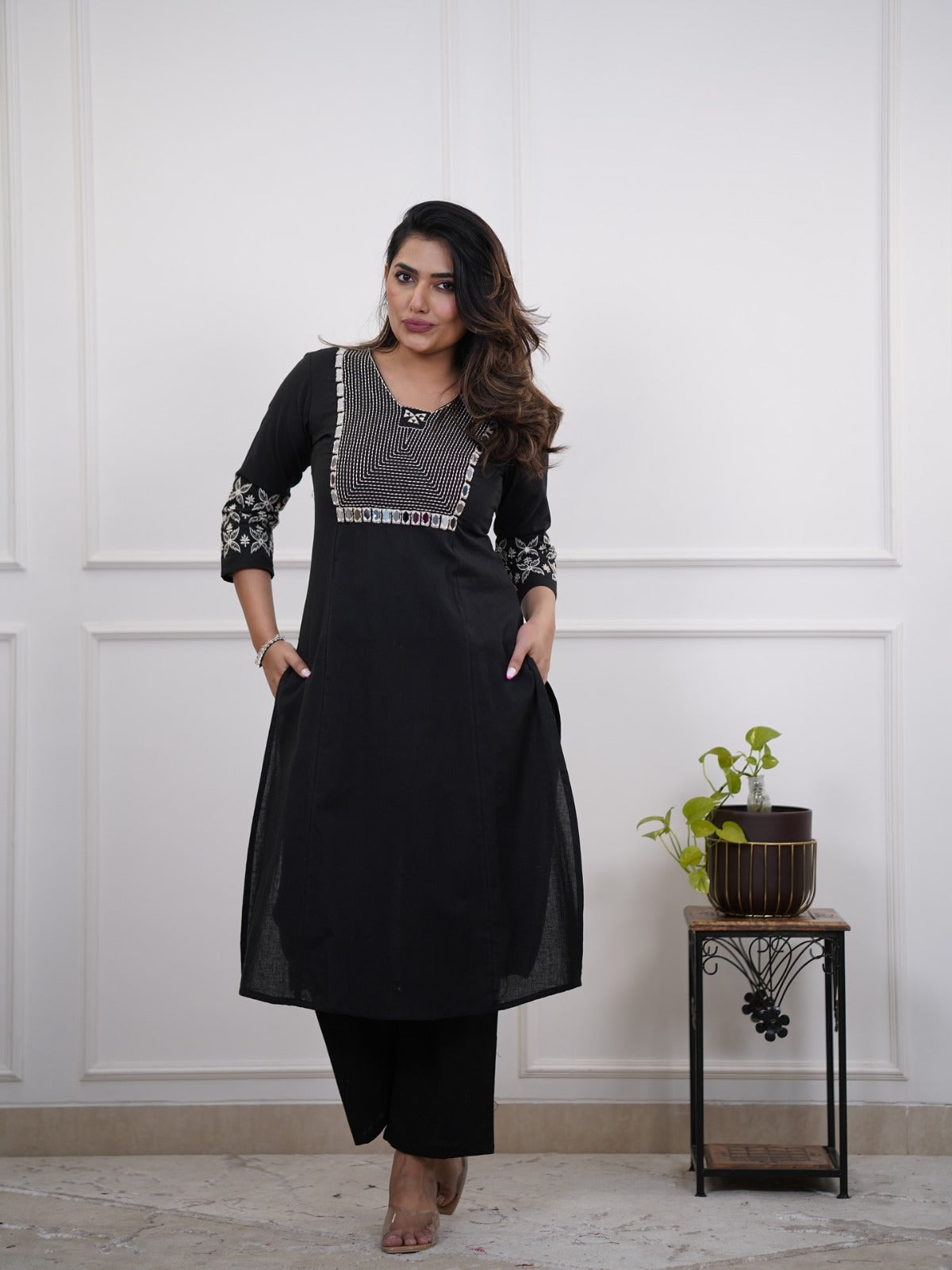 Women's Black A-Line Kurta Set with White Embroidery