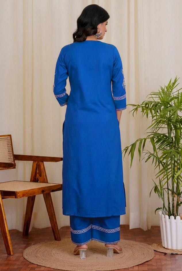 Royal Blue Embroidered Kurta Palazzo Set