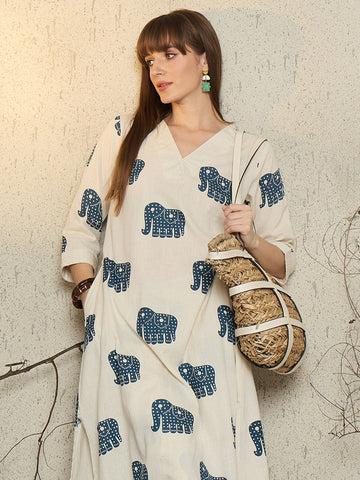 Elegant Ivory Elephant Print Cotton Kurta Pant Set for Women | V-Neck Ethnic Co-ord Set