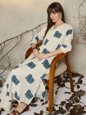Elegant Ivory Elephant Print Cotton Kurta Pant Set for Women | V-Neck Ethnic Co-ord Set