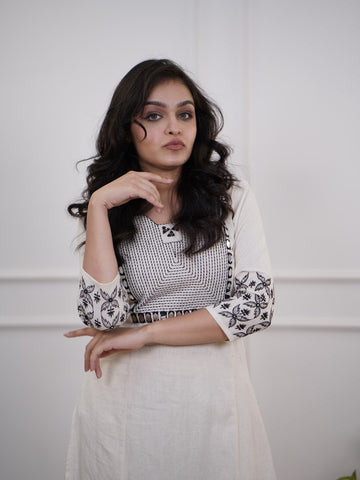 Women's Ivory A-Line Kurta Set with Black Embroidery