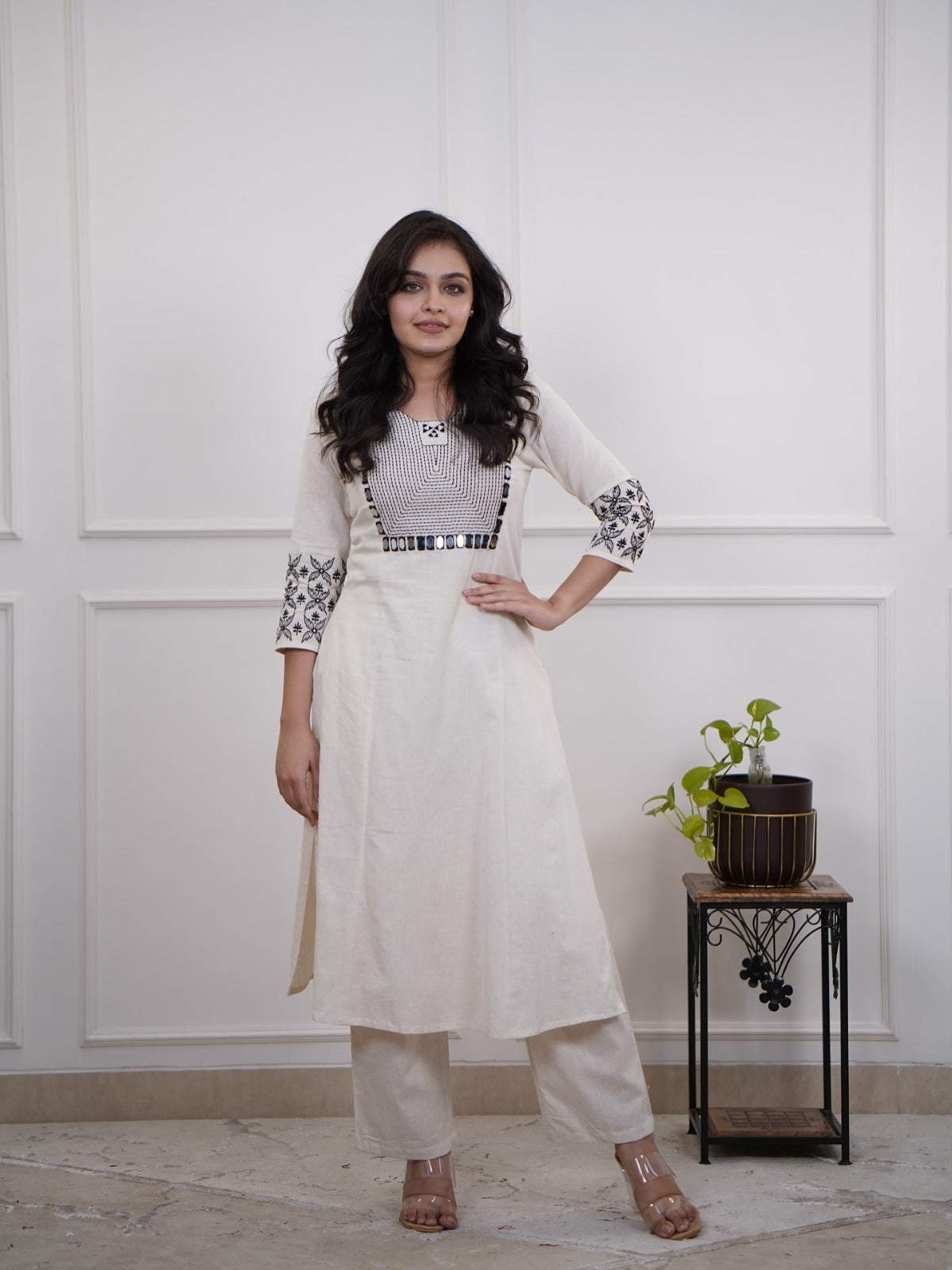 Women's Ivory A-Line Kurta Set with Black Embroidery