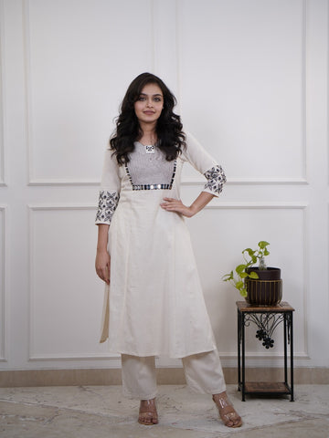 Women's Ivory A-Line Kurta Set with Black Embroidery