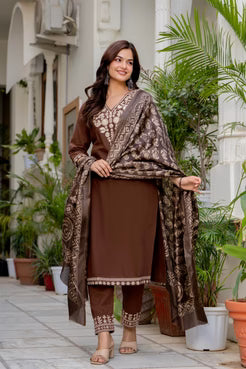 Classic Brown Kurta Set with Printed Dupatta
