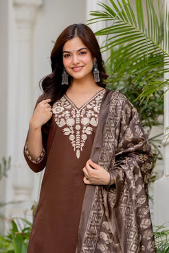 Classic Brown Kurta Set with Printed Dupatta