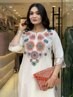 Floral Embroidered Ivory Kurta Set