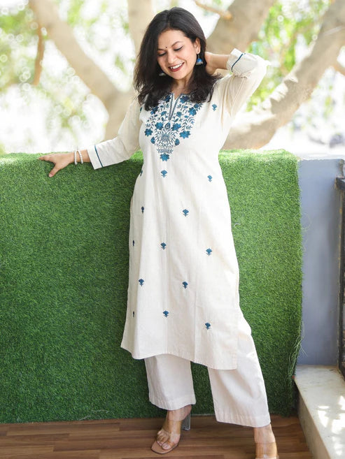 Off-White & Blue Embroidered Kurta Pant Set