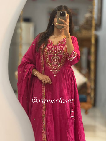 Elegant Crimson Embroidered Anarkali Suit Set with Dupatta