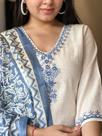 Women's Off-White Embroidered Cotton Kurta Pant Set with Blue Printed Dupatta (3-Piece Set)