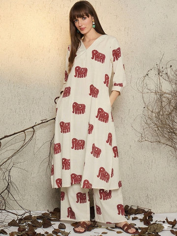 Elegant Elephant Print Kurta Pant Co-Ord Set for Women
