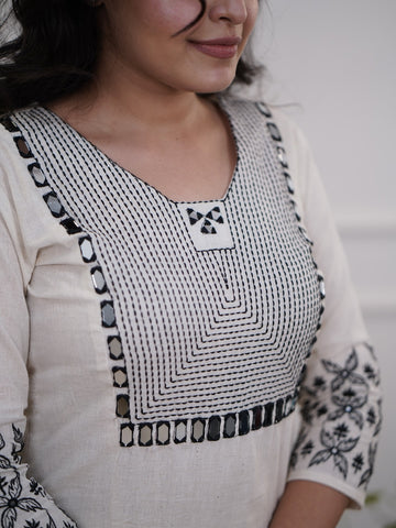Women's Ivory A-Line Kurta Set with Black Embroidery