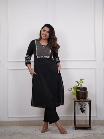 Women's Black A-Line Kurta Set with White Embroidery