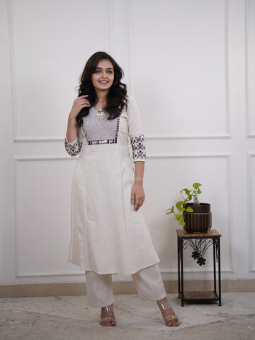 Women's Ivory A-Line Kurta Set with Black Embroidery