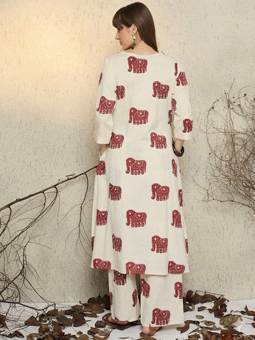 Elegant Elephant Print Kurta Pant Co-Ord Set for Women