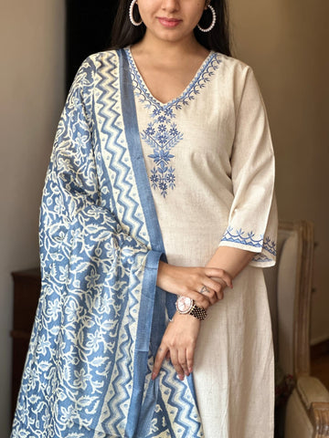 Women's Off-White Embroidered Cotton Kurta Pant Set with Blue Printed Dupatta (3-Piece Set)