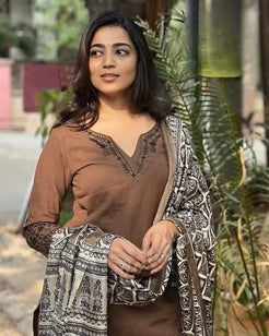 Elegant Mocha Brown Kurta Set with Printed Dupatta