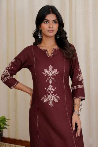 Wine Maroon Embroidered Kurta Palazzo Set